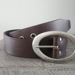 Calvin Klein Jeans brown genuine leather belt silver oval buckle marked …